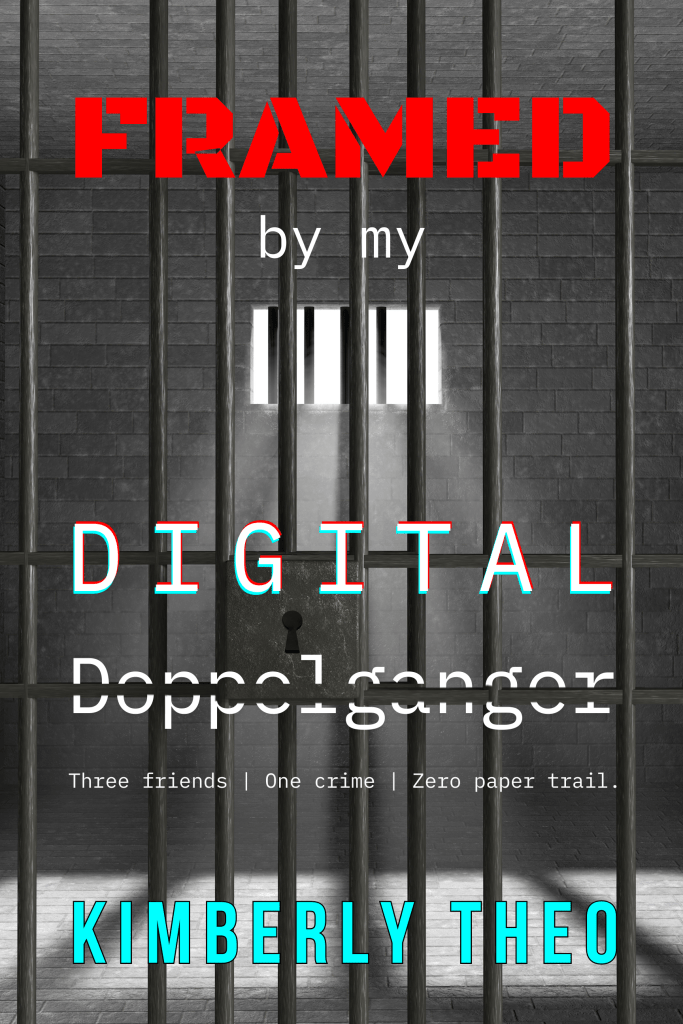Framed by my Digital Doppelganger novel by Kimberly Theo. Features a prison cell with a brick wall and a window. The title word Framed is in all caps in a red stencil font. "By my" is in lowercase white. Below that is a window which resembles a barcode. Digital is in white with a red/cyan glitch effect, in all caps in a techno font. One of the horizontal cell bars acts as a strikethrough over the work Doppelganger. The tagline, "Three Friends. One Crime. Zero paper trail." is below the title. Finally, the author's name Kimberly Theo is in cyan blue, all caps, tall letters at the bottom.